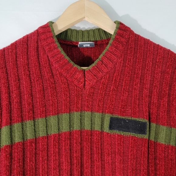MOSCHINO Jeans Men's Red/Green Stripe Wool Blend Ribbed Knit Sweater Sz M V-neck - Picture 3 of 11